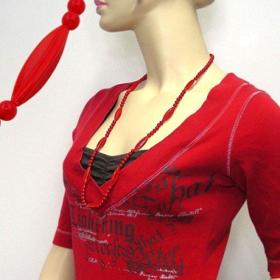 Halskette Rillenolive und Perle rot 80cm