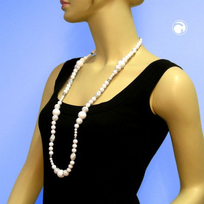 Collier Halskette Perlen weiß-spucksilber 95cm