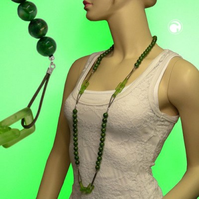 Collier Halskette Perlen grün marmoriert Kordel 110cm