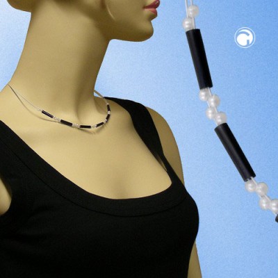 Halskette Perlen schwarz-wachsweiß Draht 45cm