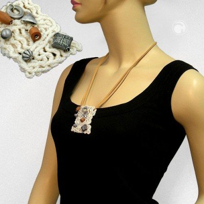 Collier Halskette Makramee Perle altsilber Holz 60cm