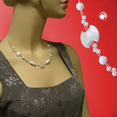Collier Halskette Scheibe und Schliffolive weiß 45cm