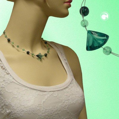 Collier Halskette Dreieckperle-grün Draht-silber 42cm