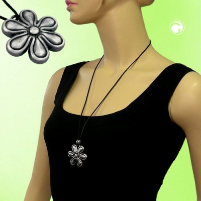 Collier Halskette Blume altsilber Kordel schwarz 75cm