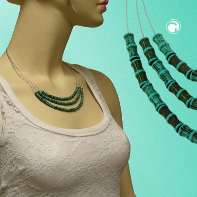 Collier Halskette 3-fach Knochenperle türkis 50cm