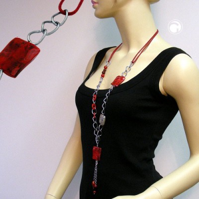 Collier Halskette Viereck rot-schwarz marmoriert 90cm