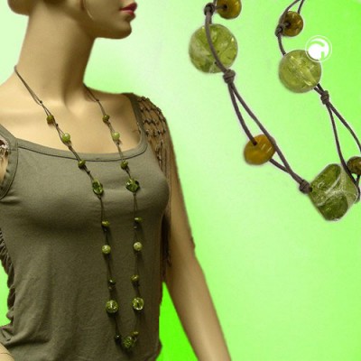 Halskette Viereck Rundperle oliv-crash 110cm