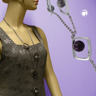 Collier Halskette Viereck chrom Perle grau-lila 80cm