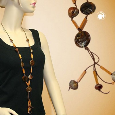 Collier Halskette Scheibe braun-marmoriert ocker 90cm