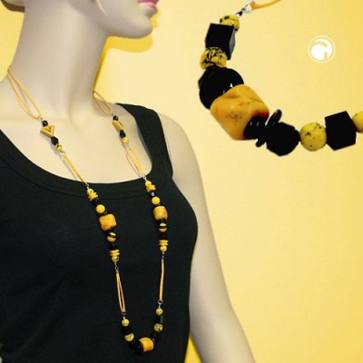 Collier Halskette Steinperle gelb schwarz 90cm