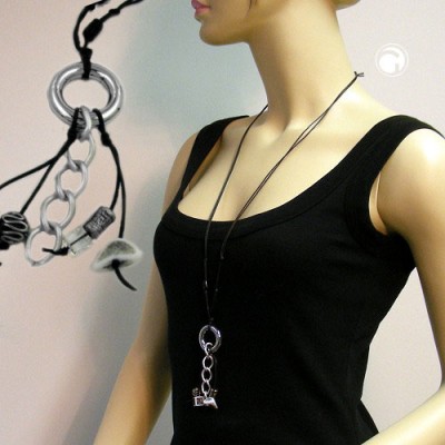 Collier Halskette Ring chrom mit schwarz 90cm