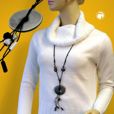 Collier Halskette Scheibe altsilber schwarz 90cm