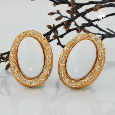 Ohrring oval weiß mit Rahmen Goldfarbig
