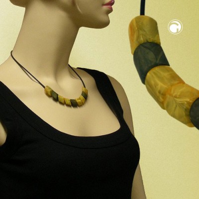 Collier Halskette Schrägperle gelb-oliv-marmor 45cm