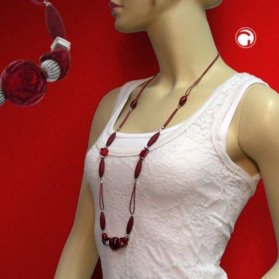 Collier Halskette Rosettenperle rot silber-matt 90cm