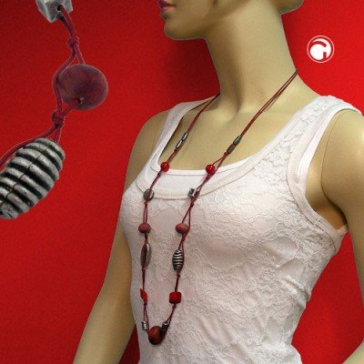 Collier Halskette rot-marmoriert altsilber 100cm
