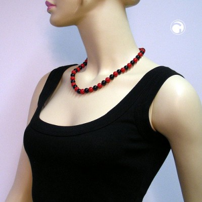 Collier Halskette 10mm Perlen schwarz-rot 50cm