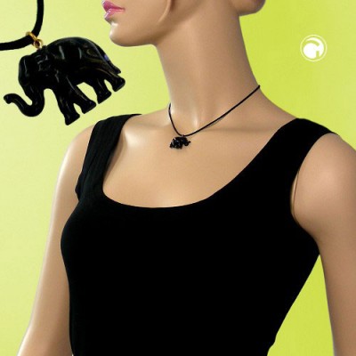 Collier Halskette kleiner Elefant schwarz-gold 38cm