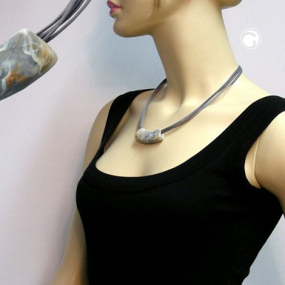Collier Halskette Rohr flach-gebogen grau-beige 45cm