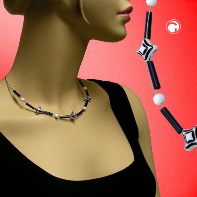 Collier Halskette Karoperle schwarz-weiß Draht 45cm