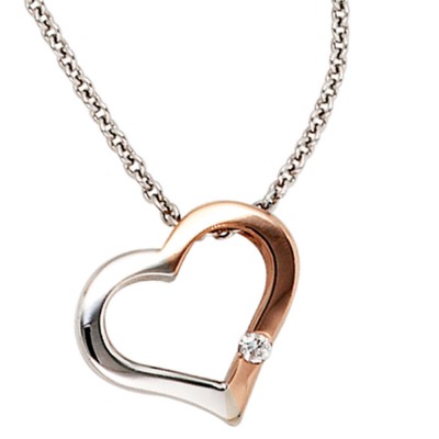 Collier Kette mit Anhänger Herz 585 Gold bicolor 1 Diamant Brillant 42cm