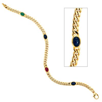 Armband 585 Gelbgold massiv 19cm Safir Rubin Smaragd Cabochon Goldarmband