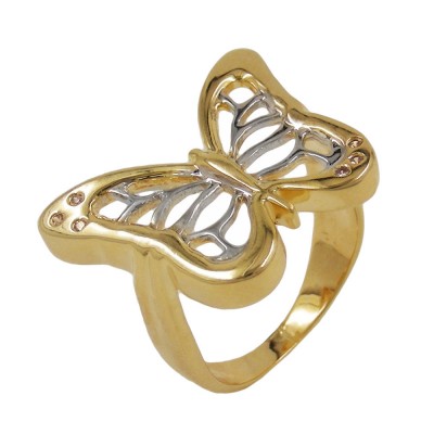 Ring Schmetterling bicolor mit 6 Zirkonias 3 Mikron vergoldet Größe 60