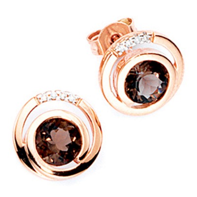 Ohrstecker rund 585 Rotgold 8 Diamanten Brillanten 2 Rauchquarze braun Ohrr