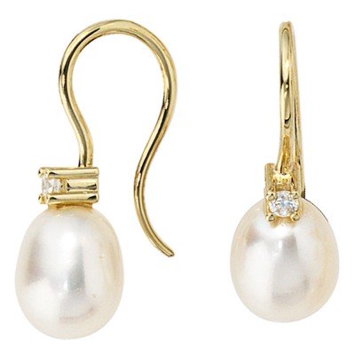 Ohrhänger 333 Gelbgold 2 Süßwasser Perlen 2 Zirkonia Ohrringe Goldohrringe