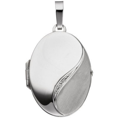 Medaillon oval 585 Weißgold mattiert 2 Diamanten Anhänger zum Öffnen