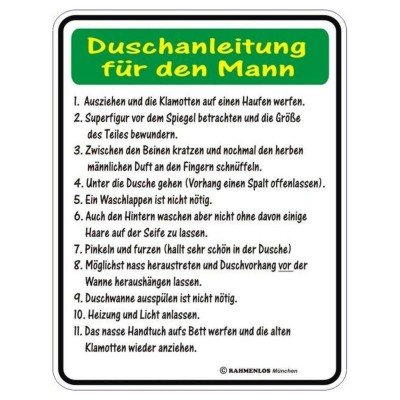 geprägtes Blechschild - Duschanleitung für den Mann