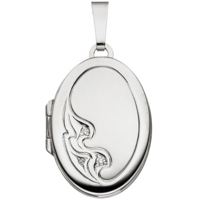 Medaillon oval 585 Weißgold mattiert 3 Diamanten Anhänger zum Öffnen