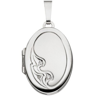 Medaillon oval 585 Weißgold mattiert 3 Diamanten Anhänger zum Öffnen