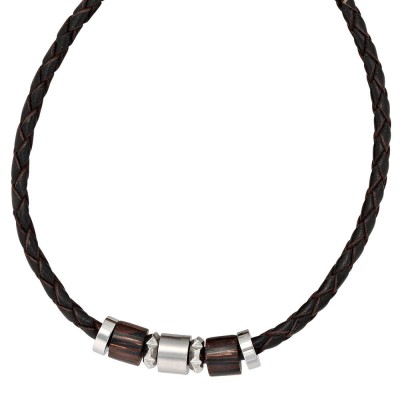 Collier Halskette Leder schwarz mit Edelstahl und Holz 45cm Kette Lederkette
