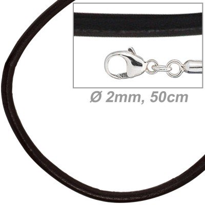 Leder Halskette Kette Schnur schwarz 50cm, Karabiner 925 Sterling Silber