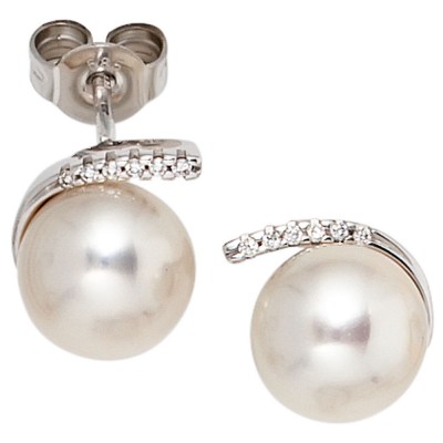 Ohrstecker 585 Weißgold 12 Diamanten Brillanten 2 Süßwasser Perlen Ohrringe