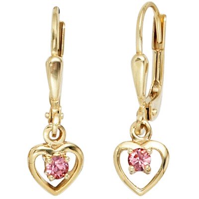 Kinder Boutons Herz 333 Gelbgold 2 Glassteine rosa rosé Ohrringe Ohrhänger