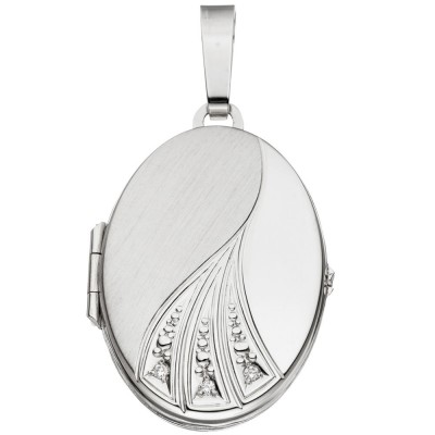 Medaillon oval 585 Weißgold mattiert 3 Diamanten Anhänger zum Öffnen