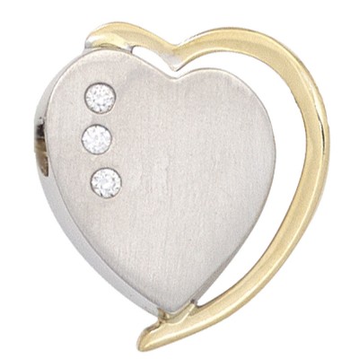 Anhänger Herz 585 Weißgold Gelbgold bicolor matt 3 Diamanten Brillanten