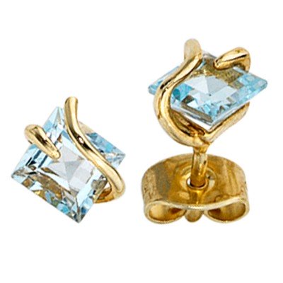 Ohrstecker quadratisch 375 Gelbgold 2 Edeltopase hellblau blau Ohrringe