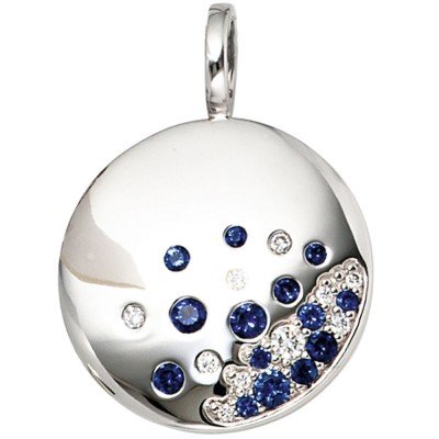 Anhänger rund 585 Weißgold 10 Diamanten Brillanten 0,10ct. 14 blaue Safire