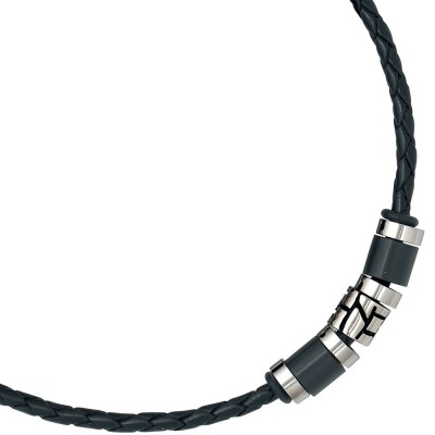 Collier Halskette Leder schwarz mit Edelstahl 45cm Kette Lederkette