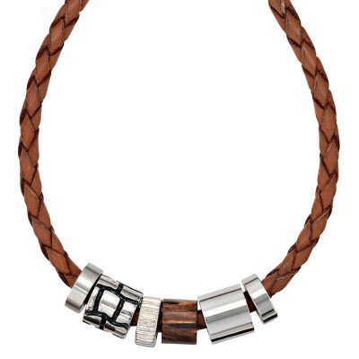 Collier Halskette Leder braun mit Edelstahl und Holz 45cm Kette Lederkette