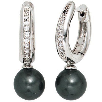 Creolen 925 Silber 2 synthetische Perlen 20 Zirkonia Ohrringe Perlenohrringe