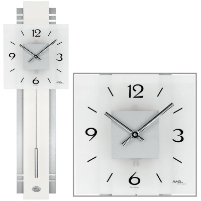 Wanduhr Quarz mit Pendel silber weiß Pendeluhr mit Aluminium und Glas