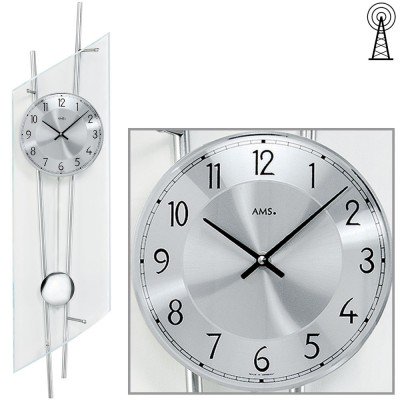 Funkwanduhr mit Pendel silbern modern Pendeluhr mit Glas