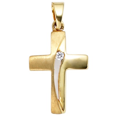 Anhänger Kreuz 333 Gelbgold mattiert 1 Zirkonia Kreuzanhänger Goldkreuz