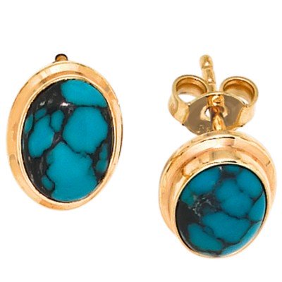 Ohrstecker oval 585 Gelbgold 2 Türkise türkis Ohrringe Goldohrstecker