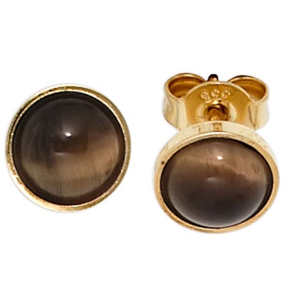 Ohrstecker rund 333 Gelbgold 2 Tigeraugen braun Ohrringe Goldohrstecker