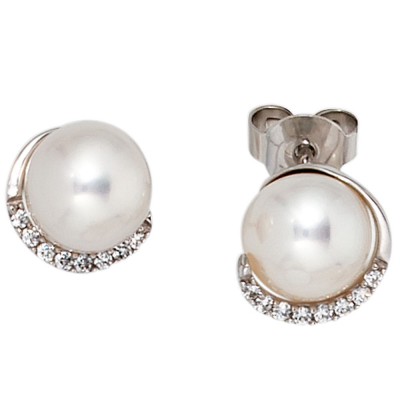 Ohrstecker 585 Weißgold 2 Süßwasser Perlen 16 Diamanten Brillanten Ohrringe